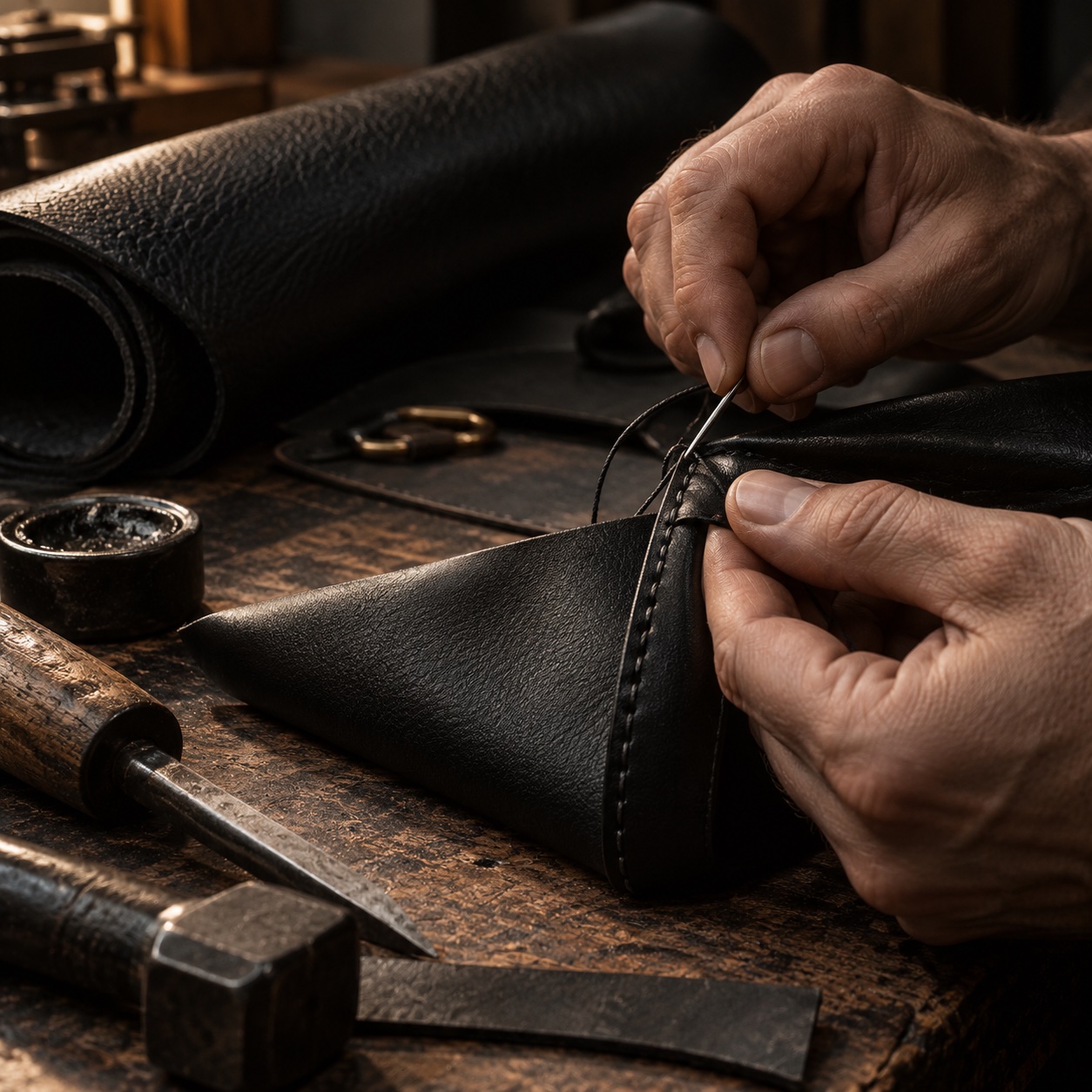 Hands stitching black leather at a workbench