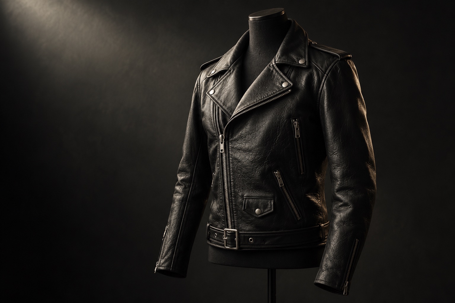 Black leather biker jacket on a tailor mannequin